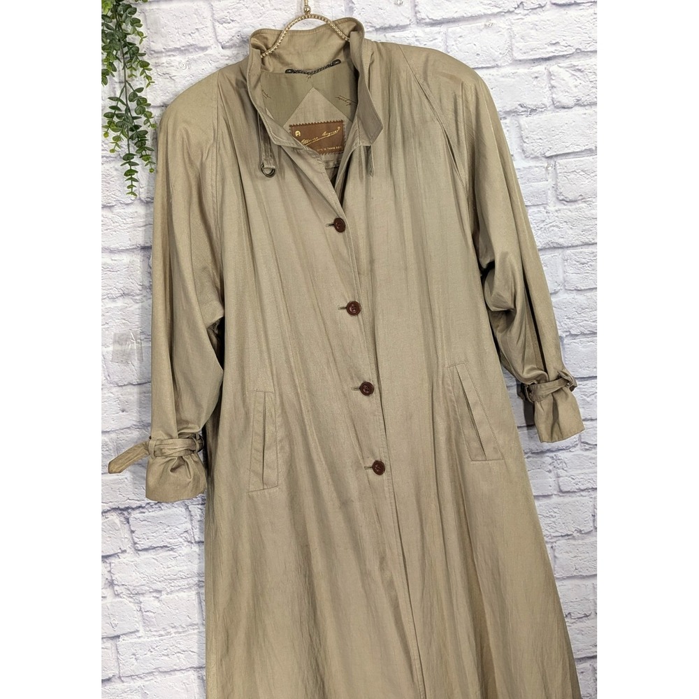 😍Vntg Etienne Aigner Trench‎ Coat Women 10 Button Leather Trim *See/Read Flaws*